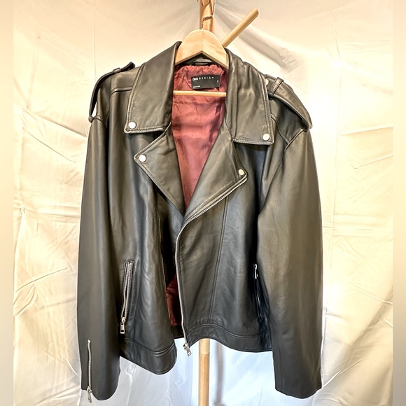 ASOS - Black Leather Motorcycle Jacket, Men’s 4XL (2XL) - Picture 2 of 14